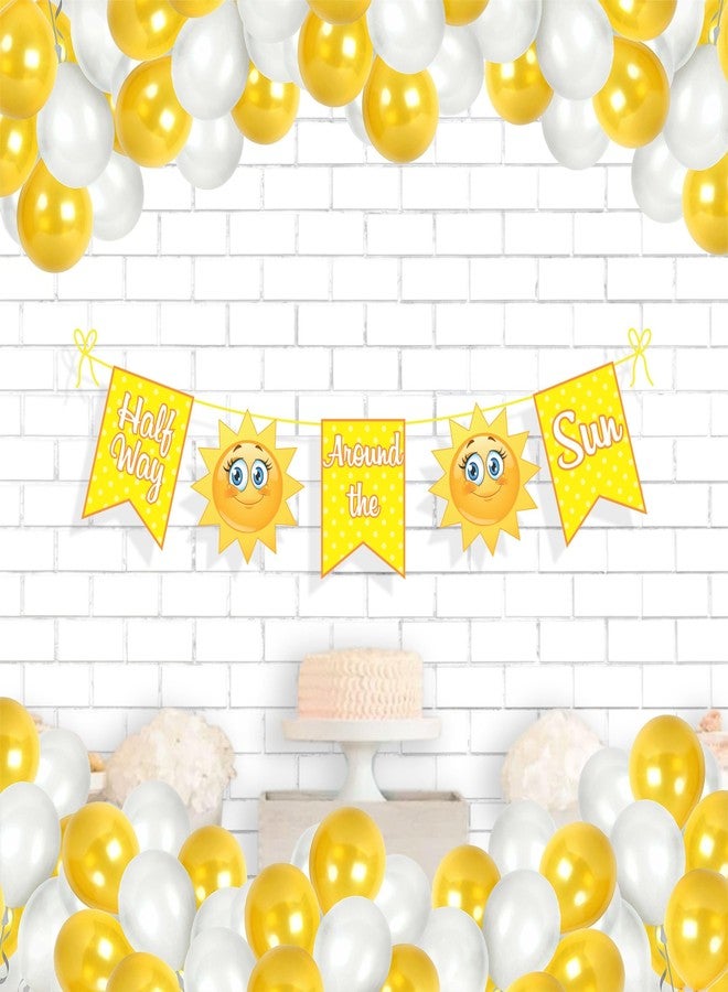 Untumble Half Birthday banner in Sunshine theme with banner and balloon for a 6 month birthday containing a It's my half birthday banner in Yellow and 20 Yellow & White balloons (Pack of 21) - Image 1